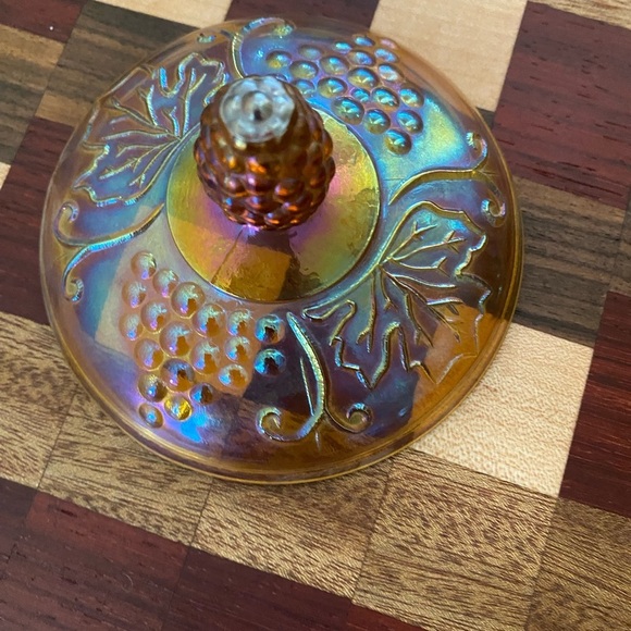 Vintage Indiana Carnival Autumn Harvest Amber Iridescent Glass Dish With Cover - Picture 7 of 10